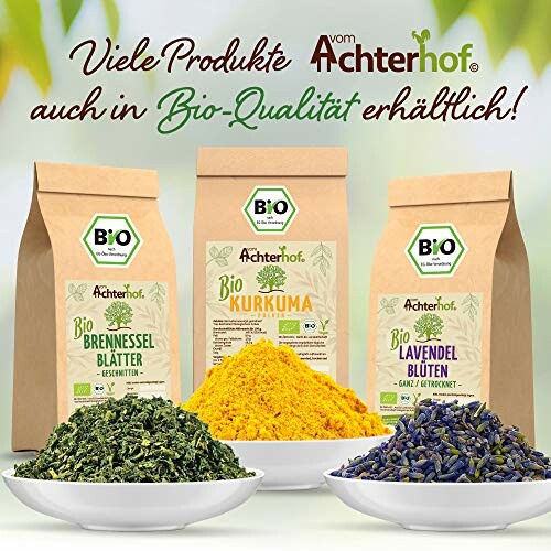 Bio-Produkte von Achterhof: Brennnesselblätter, Kurkuma, Lavendelblüten.