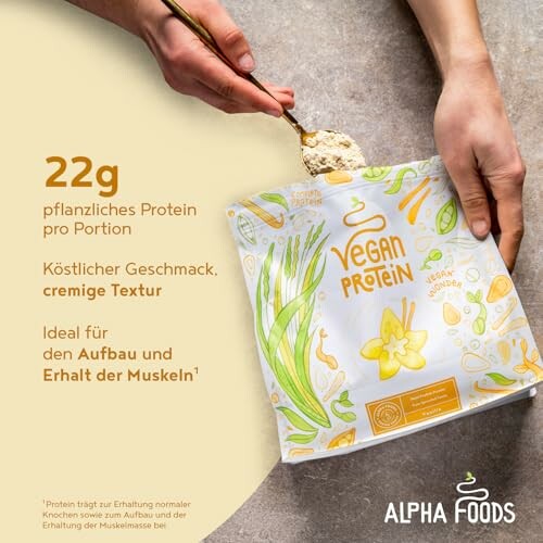Vegan Proteinpulver von Alpha Foods mit 22g pflanzlichem Protein pro Portion.