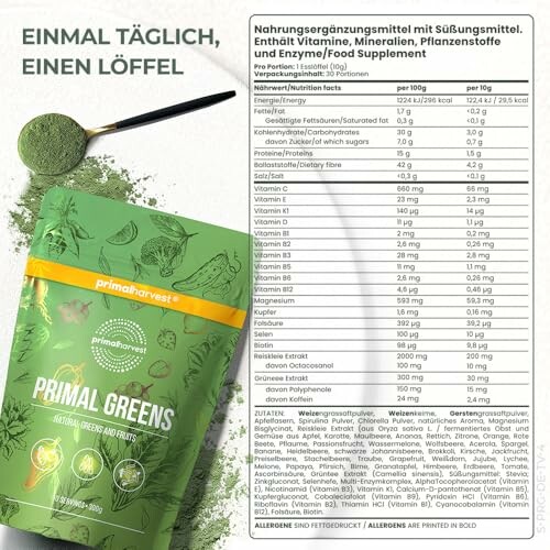 Primal Greens Nahrungsergänzungsmittel mit Inhaltsstoffen und Nährwerttabelle.