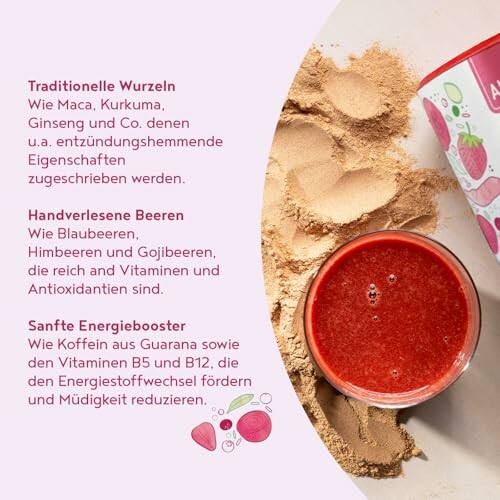 Roter Smoothie mit Pulver und Zutatenbeschreibung.